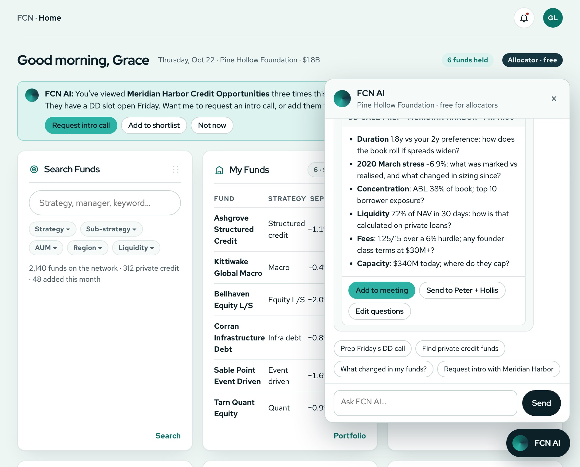 The FCN AI agent open over an allocator's home screen with a due diligence prep plan, with demo data