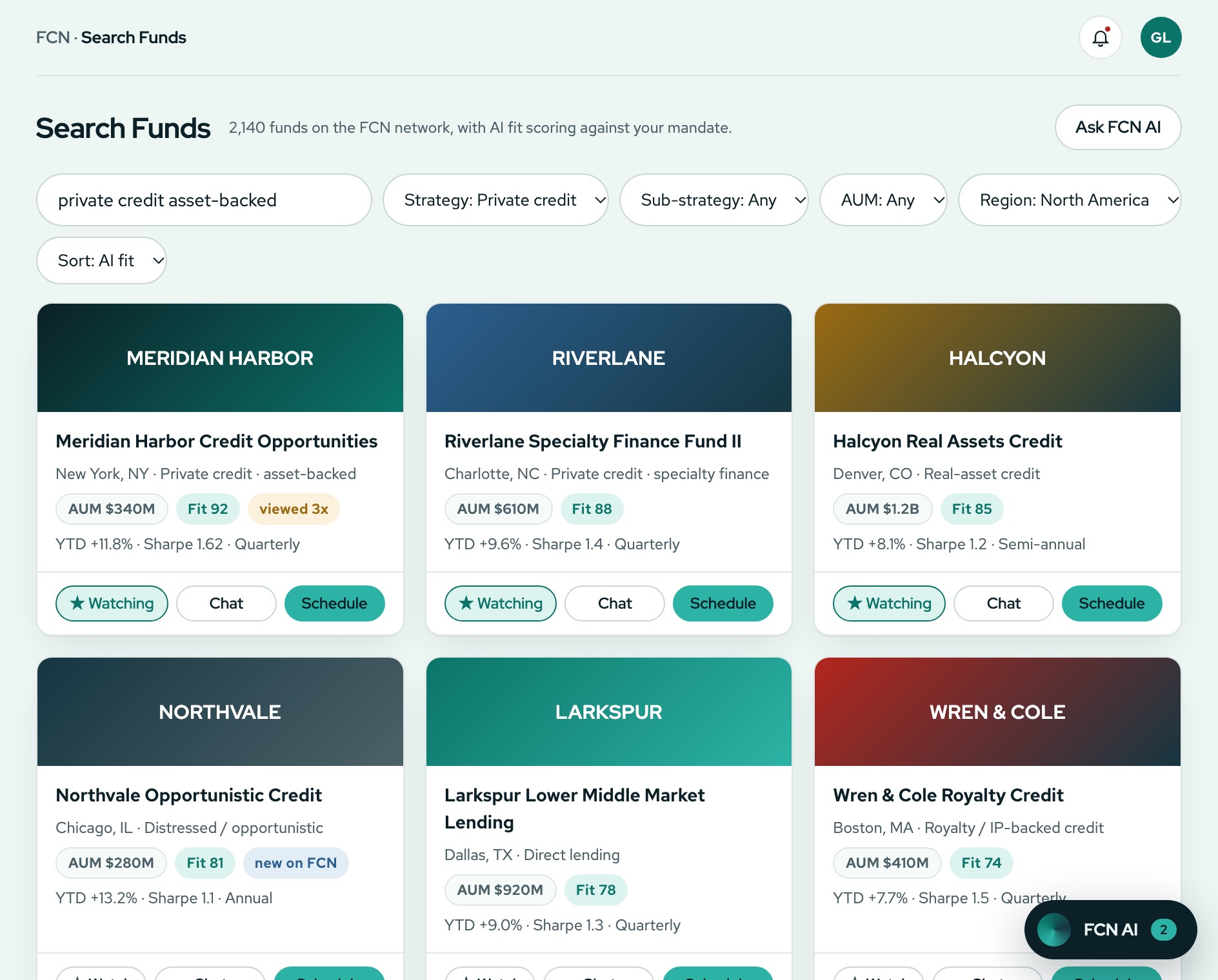 Fund search for an allocator: private credit funds as cards with AUM, AI fit score, returns and Watch, Chat and Schedule buttons, with demo data