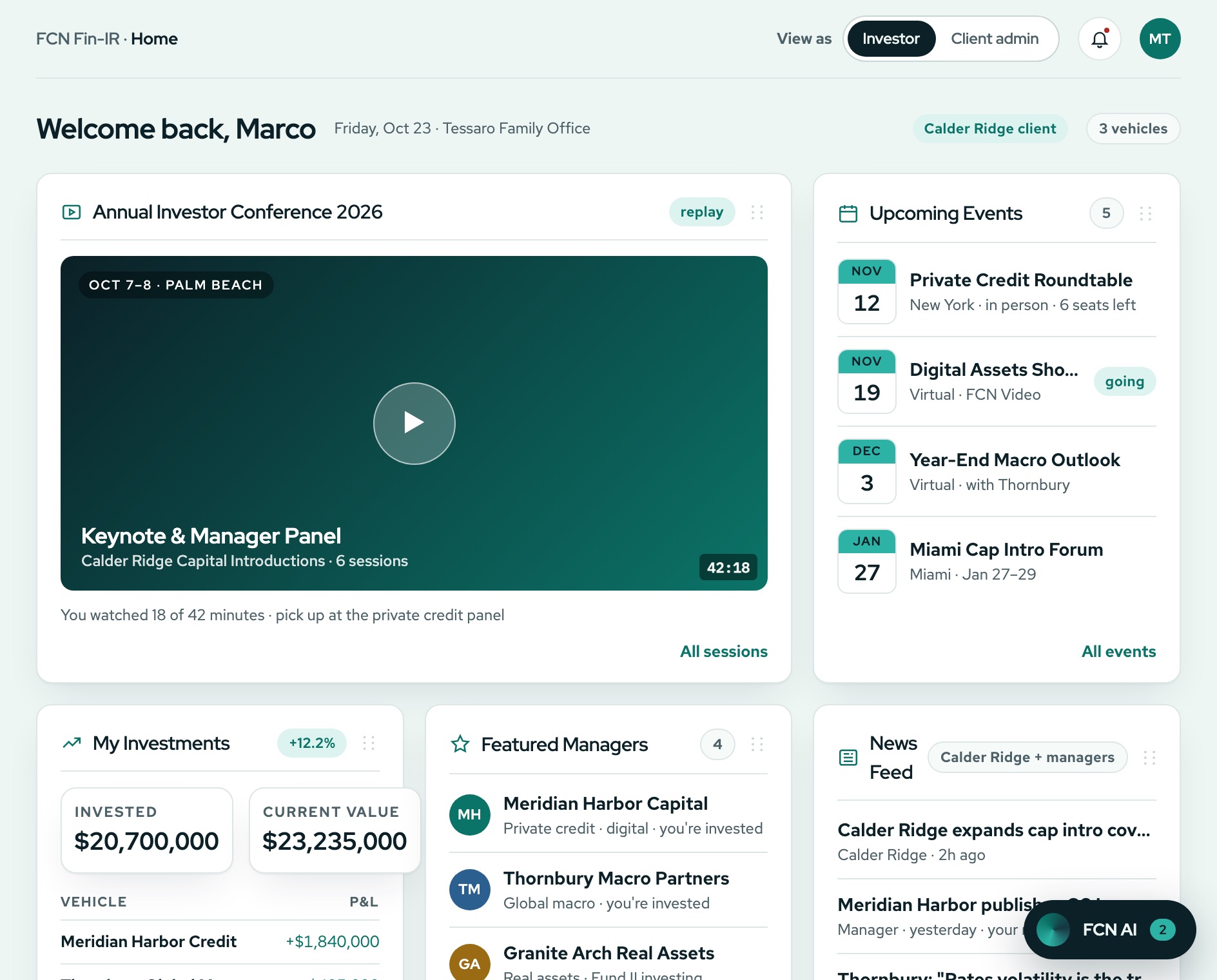 FCN Fin-IR investor landing page with an investor conference replay, upcoming events, investments and featured managers, with demo data