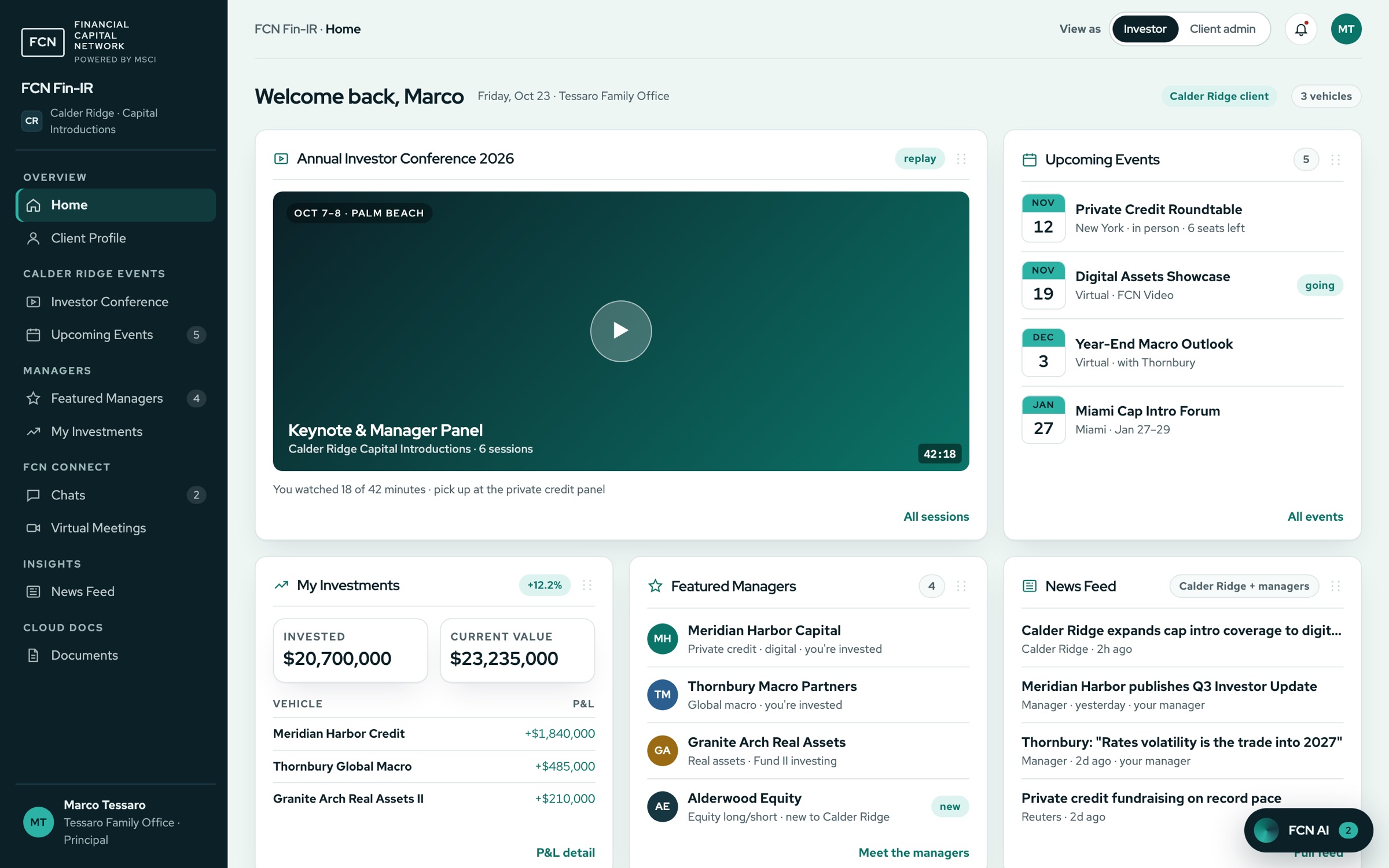 FCN Fin-IR investor landing page with an investor conference replay, upcoming events, investments and featured managers, with demo data