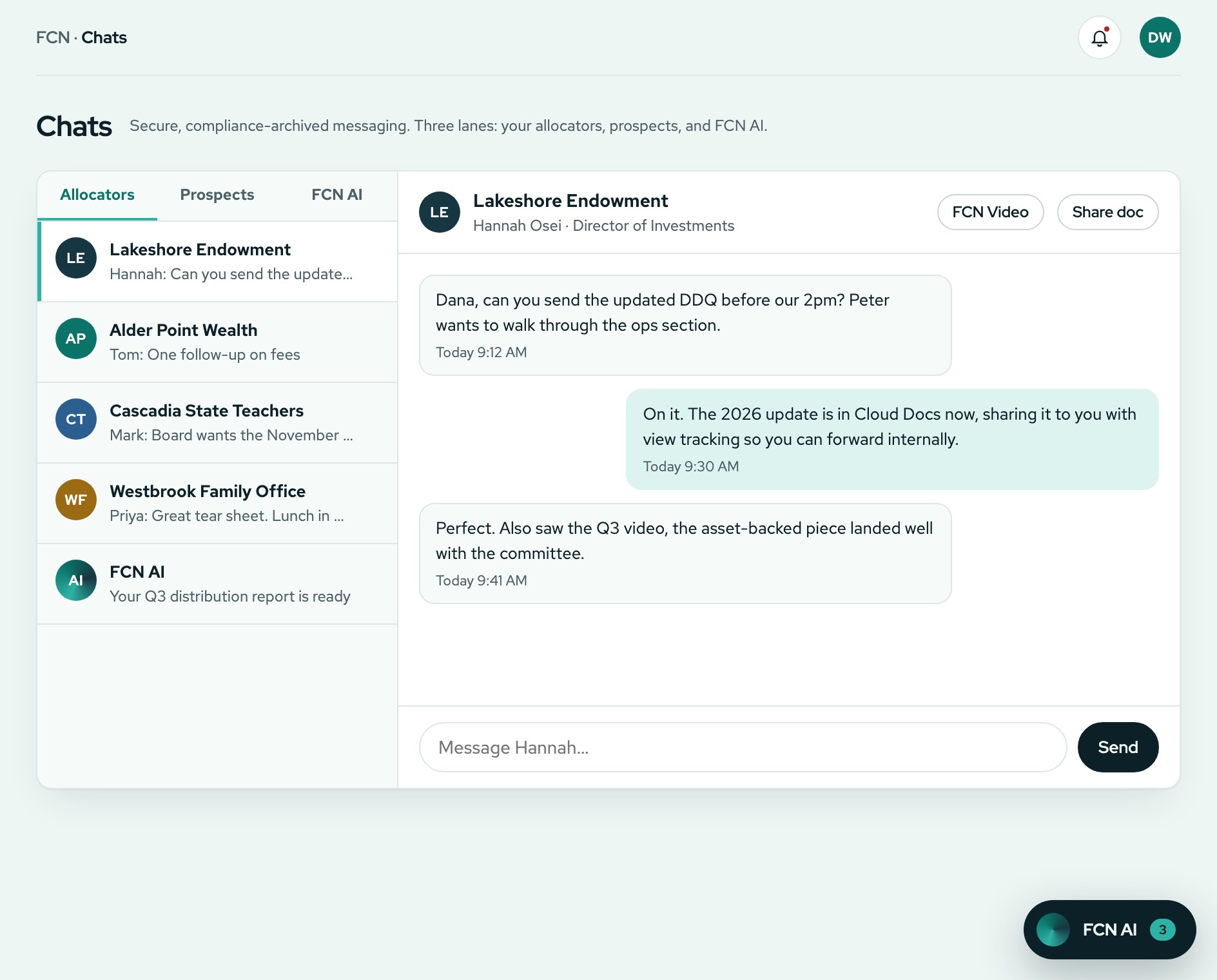 Secure chat between a fund's head of IR and an allocator, with lanes for allocators, prospects and FCN AI, with demo data