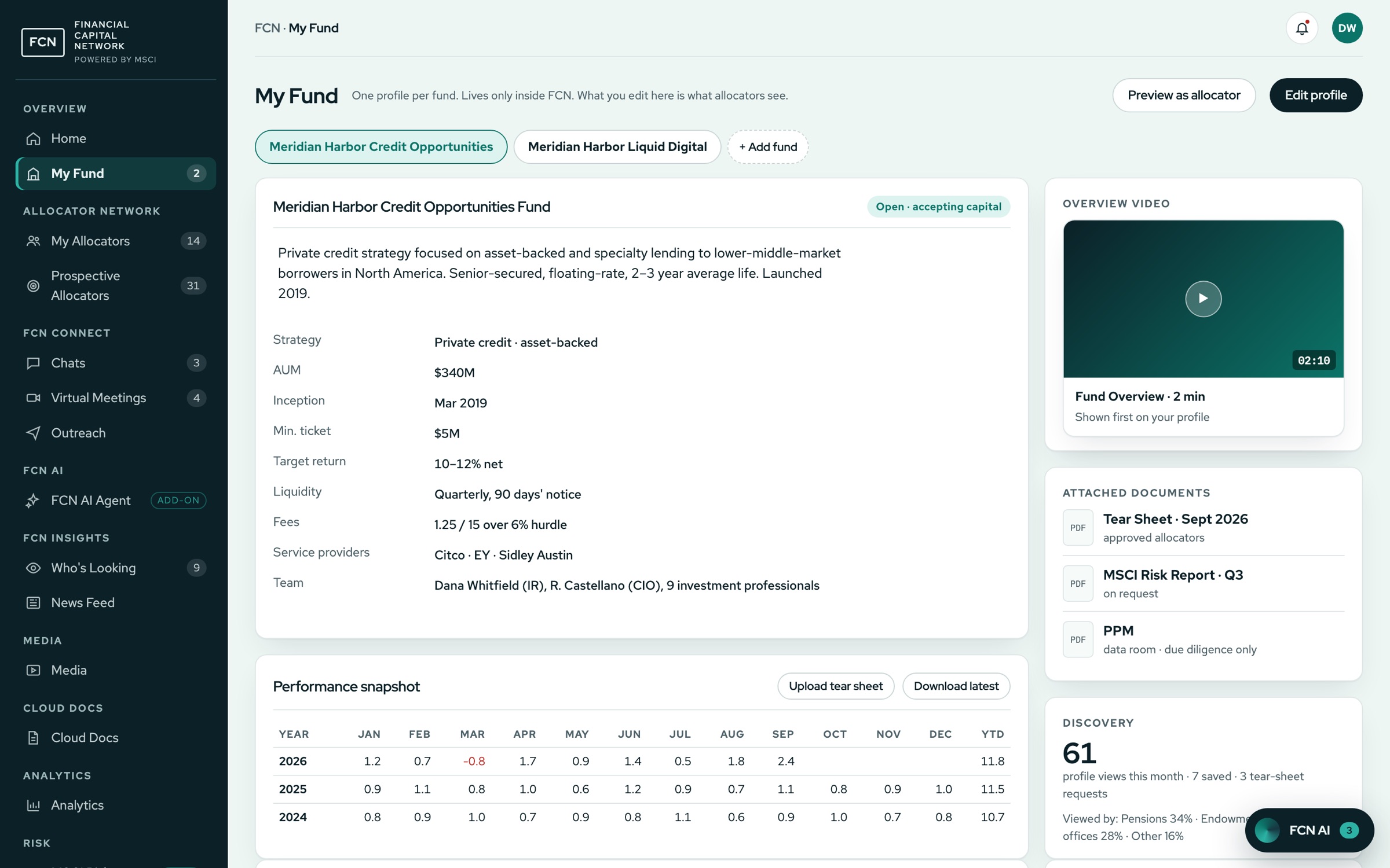My Fund: the fund profile allocators see, with strategy, terms, a monthly performance table, an overview video and attached documents, with demo data