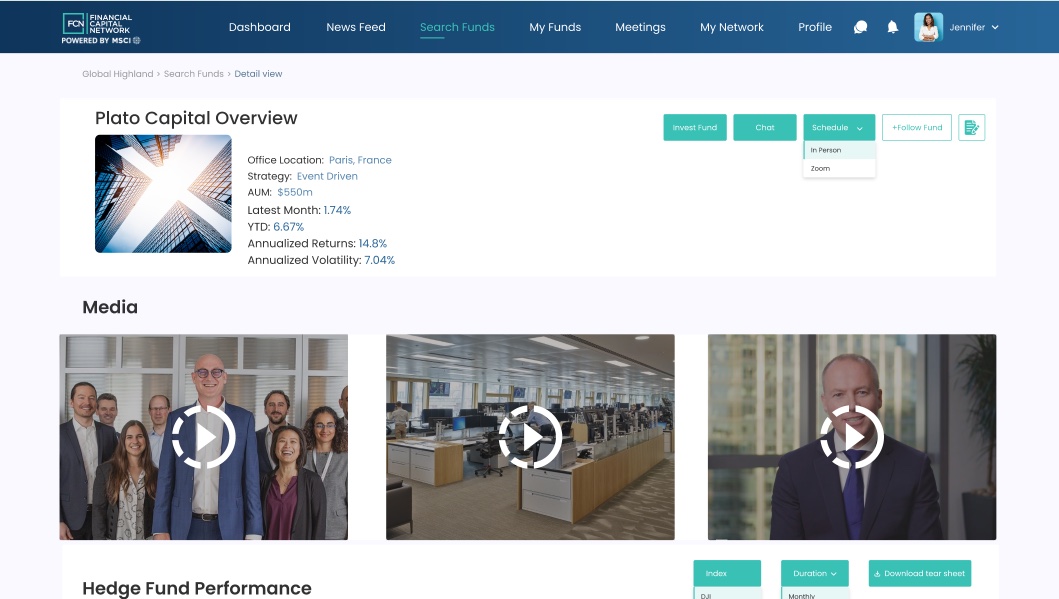 Fund profile page with strategy, AUM, returns and volatility, and a media row of manager videos, with demo data