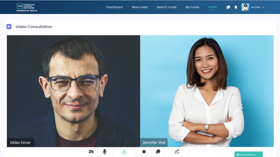 Video consultation inside the platform between a manager and an investor, with meeting controls, using demo participants