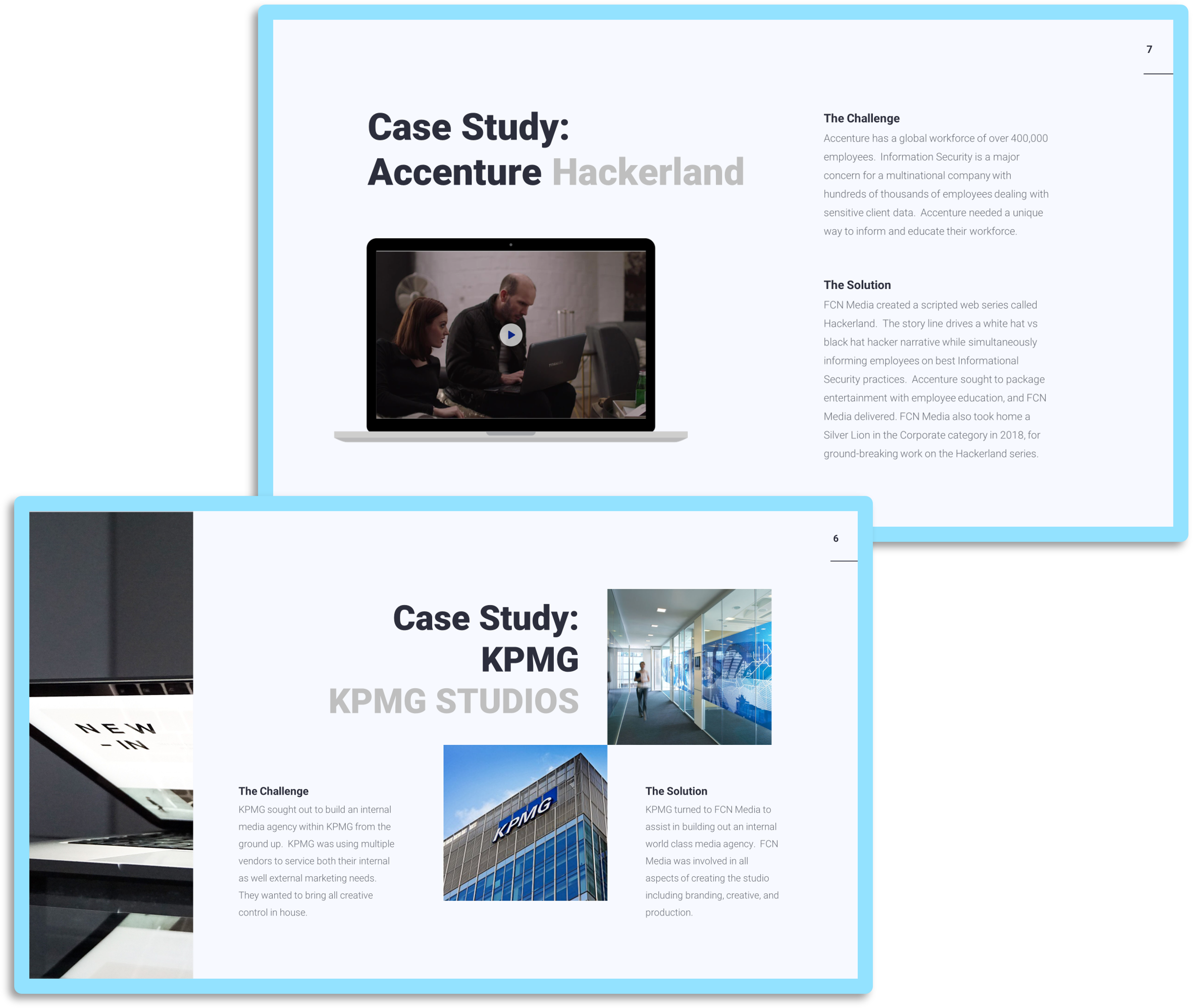 decorative image with two case studies about FCN media